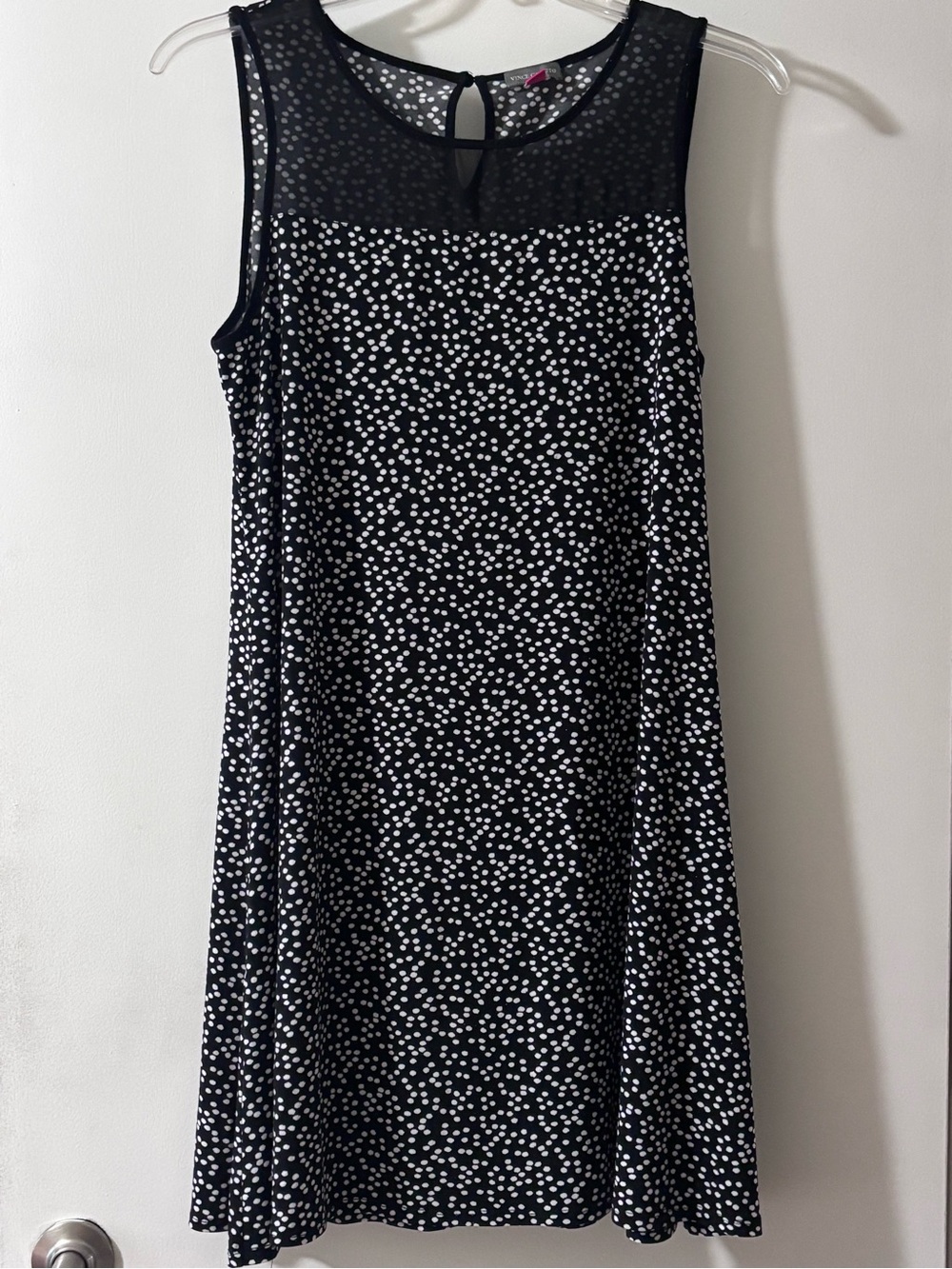 Vince Camuto Black White Polka Dot Sheer Yoke Shift Dress Size L